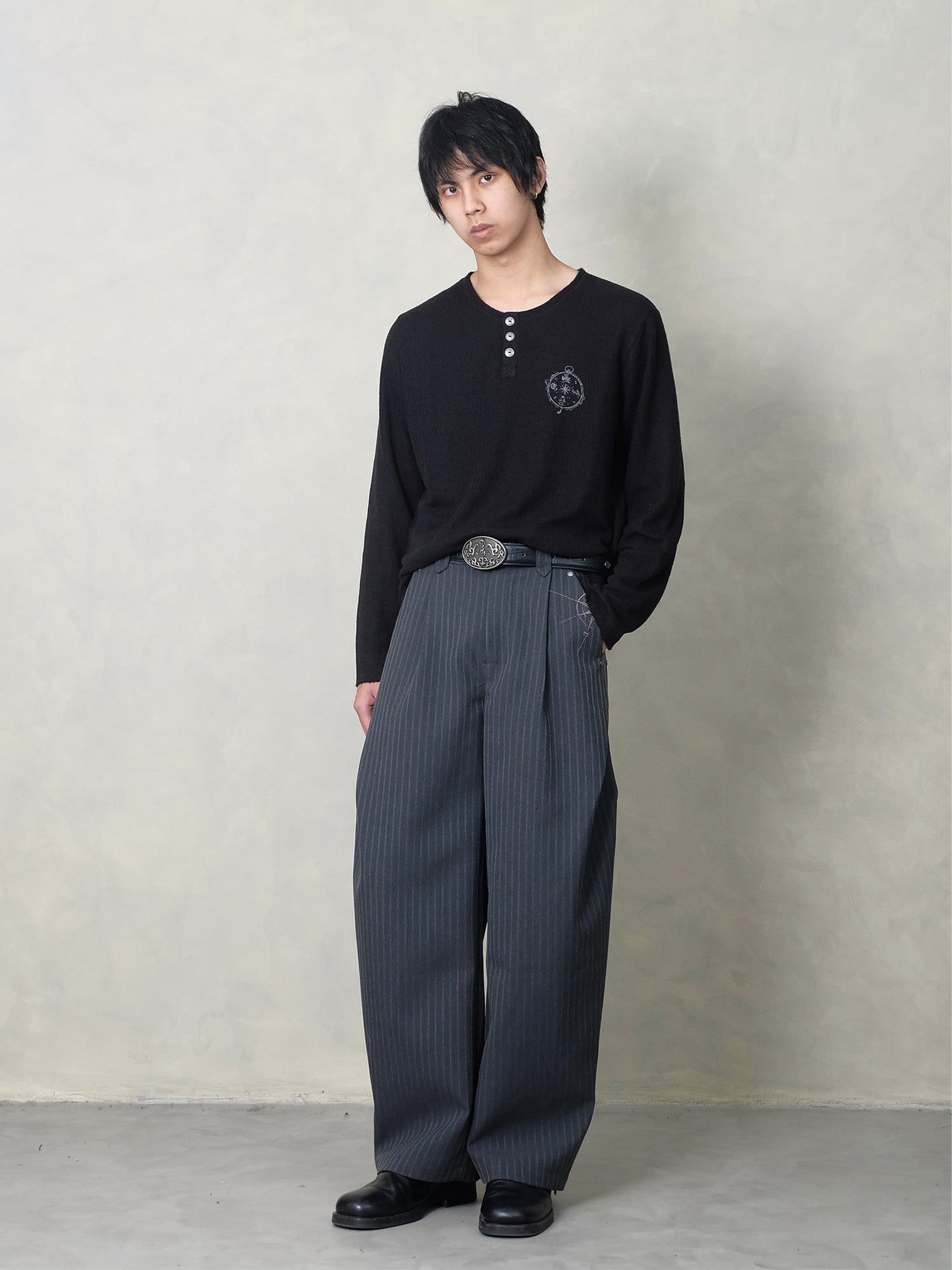IN EXISTENCE Stripe Pleated Embroidery Curved Pants-Pants-S-Black-Free Shipping Leatheretro