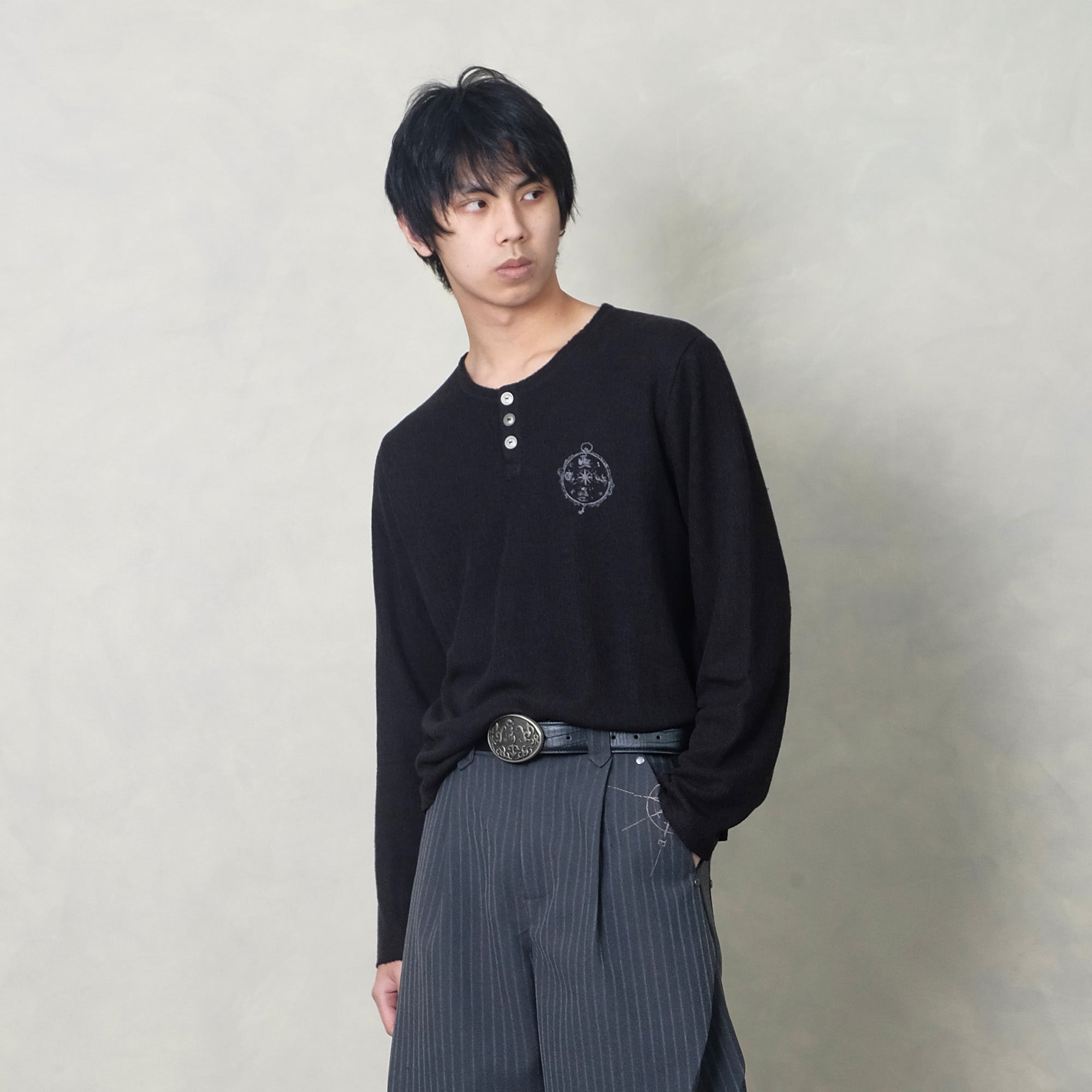 IN EXISTENCE Raw Hem Henley Long-Sleeve Tee-L/S Tee-S-Beige-Free Shipping Leatheretro