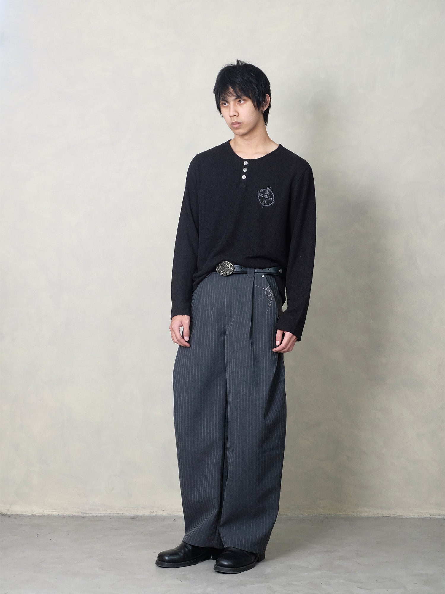 IN EXISTENCE Raw Hem Henley Long-Sleeve Tee-L/S Tee-S-Beige-Free Shipping Leatheretro