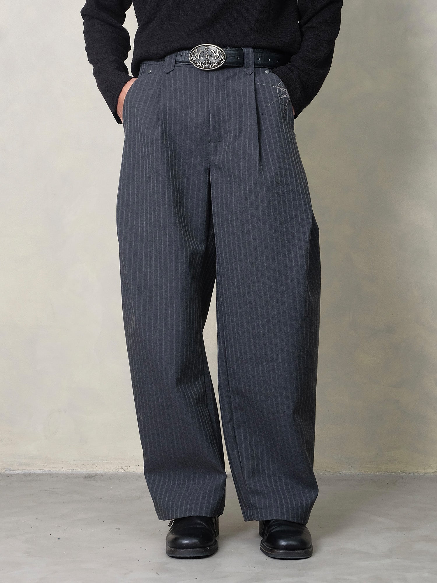 IN EXISTENCE Stripe Pleated Embroidery Curved Pants-Pants-S-Black-Free Shipping Leatheretro