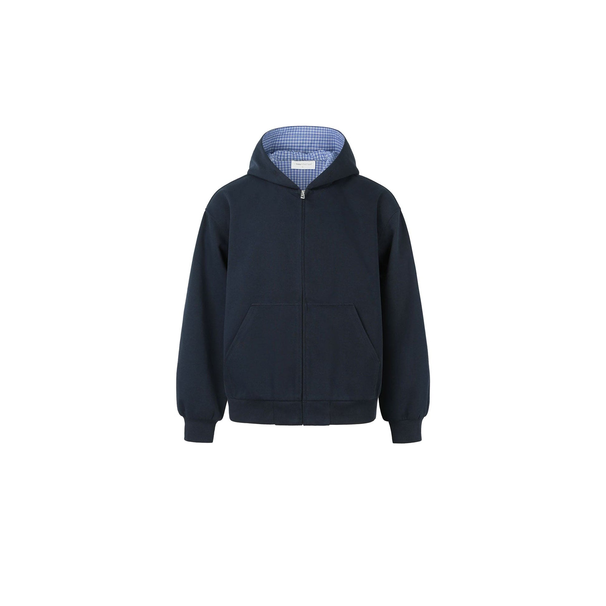 OKAYTHXBYE Houndstooth-Lined Zip-Up Hooded Jacket-Jacket-S-Navy-Free Shipping Leatheretro