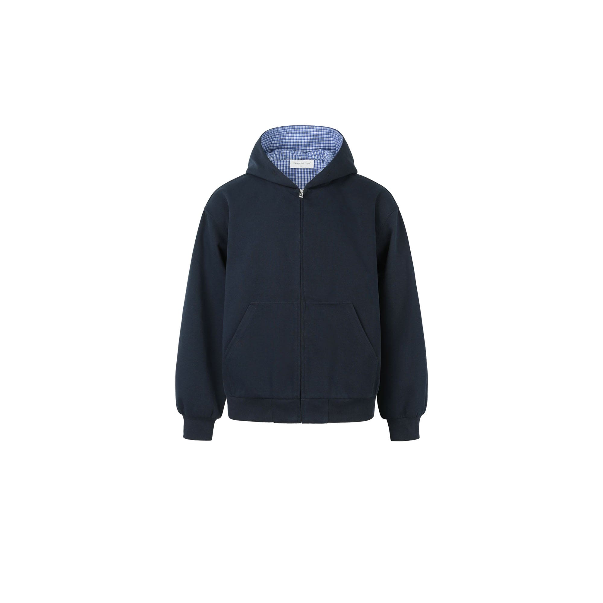 OKAYTHXBYE Houndstooth-Lined Zip-Up Hooded Jacket-Jacket-S-Navy-Free Shipping Leatheretro