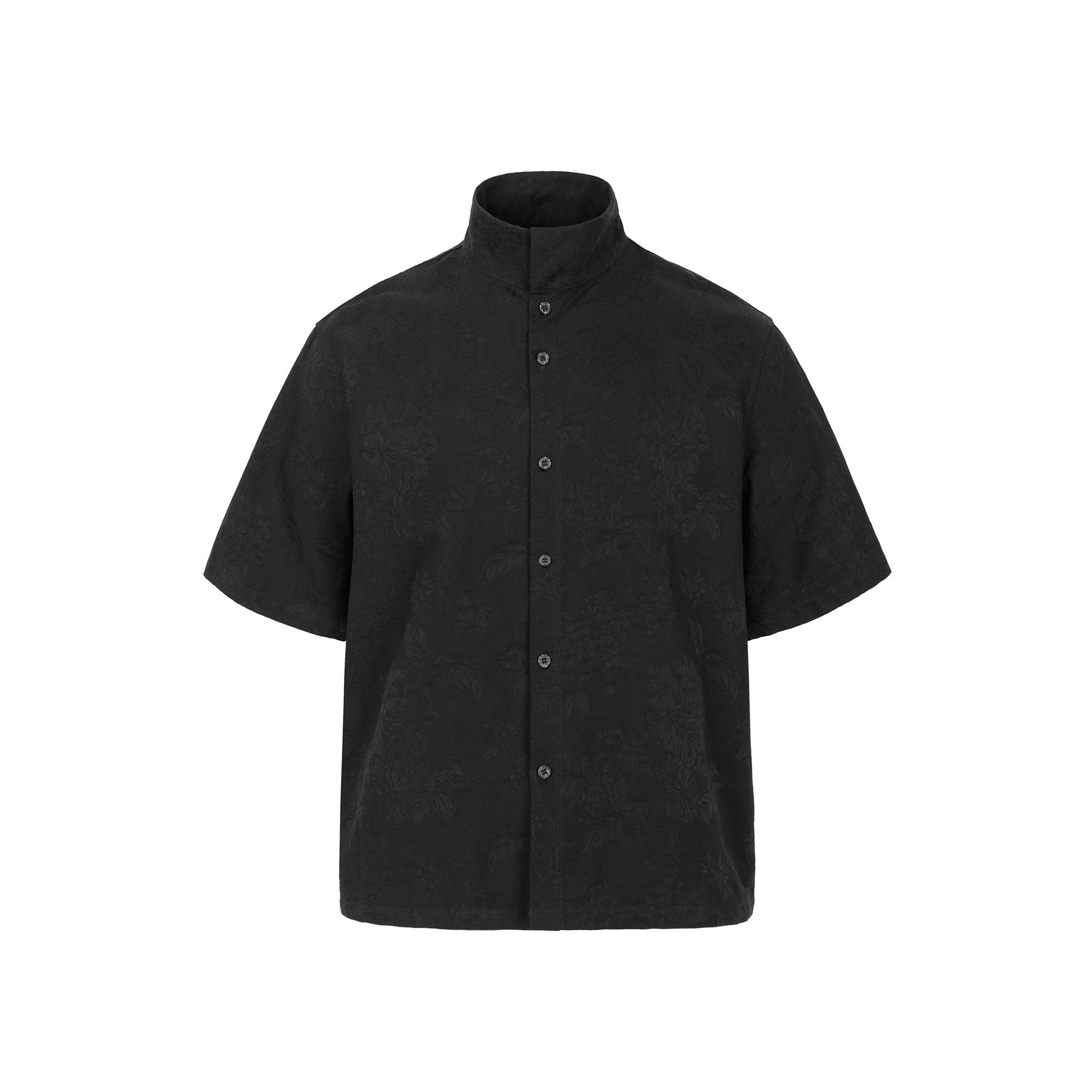 OKAYTHXBYE Floral Embossed Stand Collar Shirt-Half shirt-S-Black-Free Shipping Leatheretro