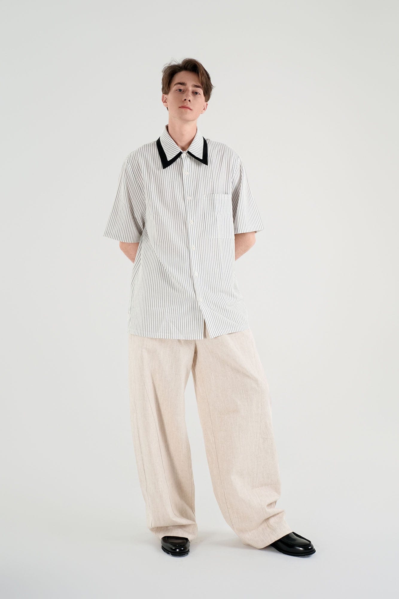 WIID Striped Contrast-Collar Tie-Neck Half Shirt-Half shirt-M-Free Shipping Leatheretro