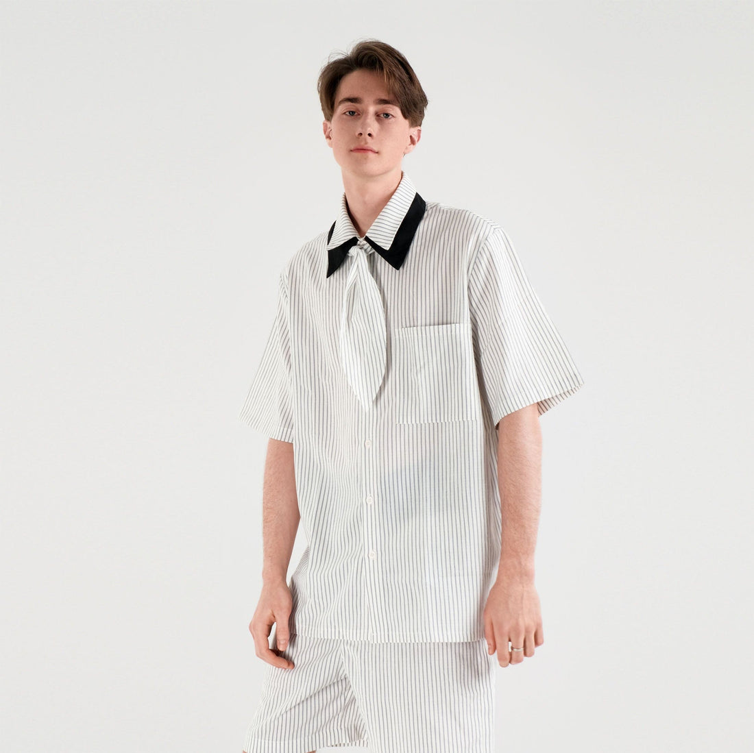 WIID Striped Contrast-Collar Tie-Neck Half Shirt-Half shirt-M-Free Shipping Leatheretro