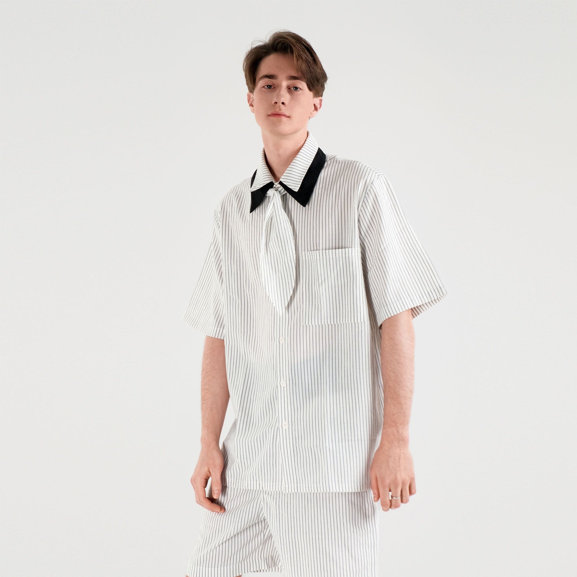 WIID Striped Contrast-Collar Tie-Neck Half Shirt-Half shirt-M-Free Shipping Leatheretro