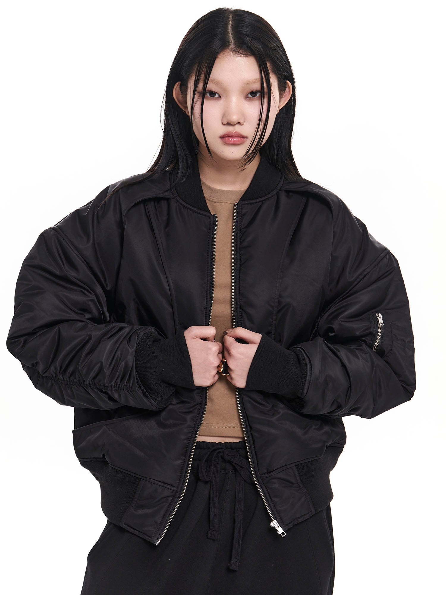 EGOFETCH Ruched Cropped Bomber Jacket-Jacket-S-Free Shipping Leatheretro