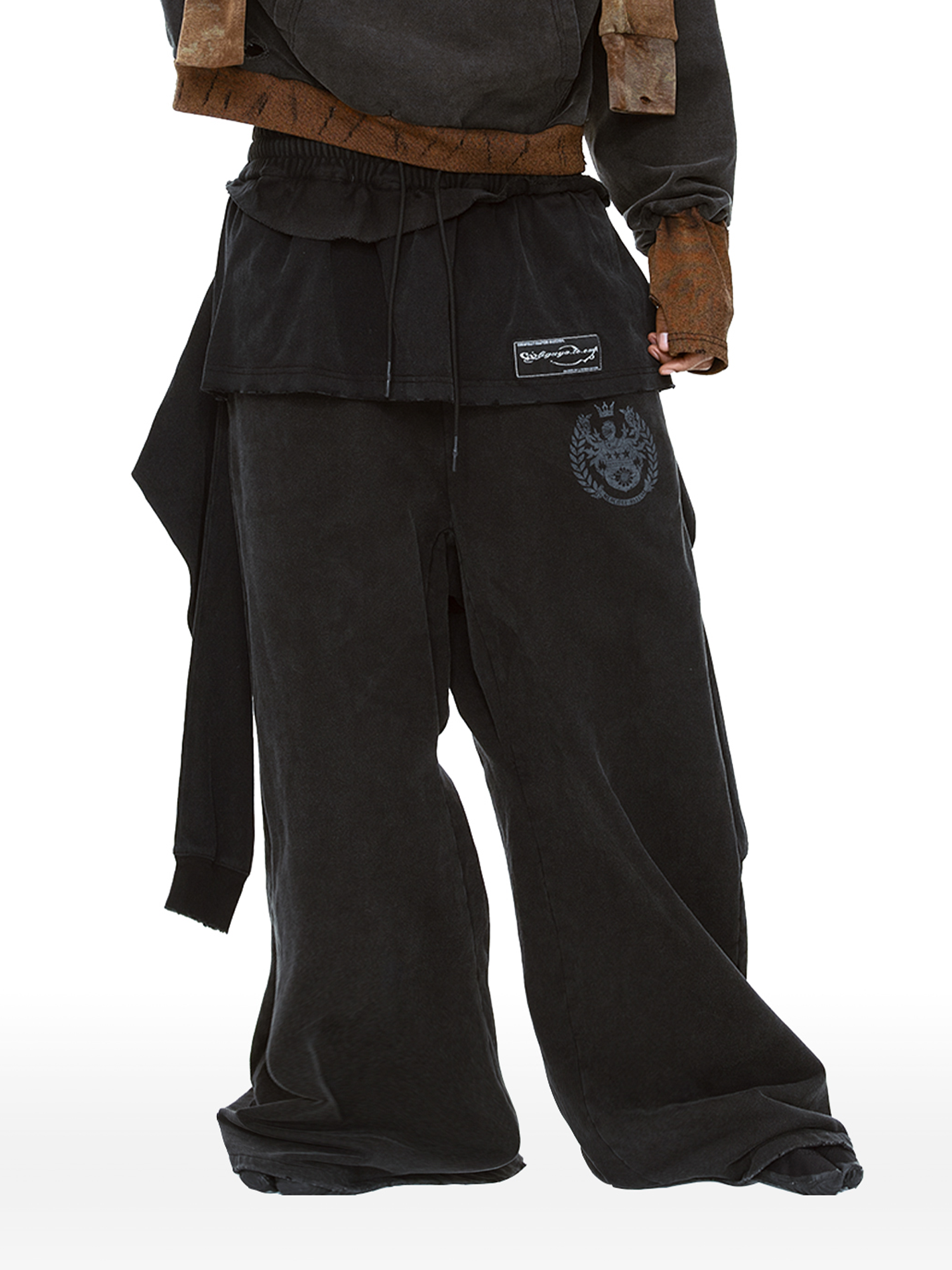 CYCYCY Layered Raw Edge Wide-Leg Sweatpants Black-Pants-S /23"-Free Shipping Leatheretro