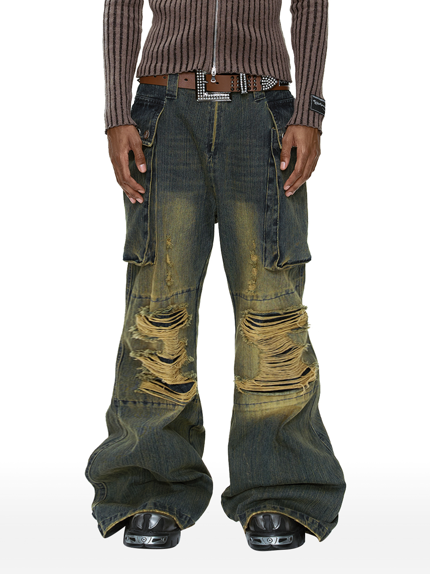 CYCYCY Distressed Big-Pocket Flared Jeans-Jeans-XXS / 27"-Free Shipping Leatheretro