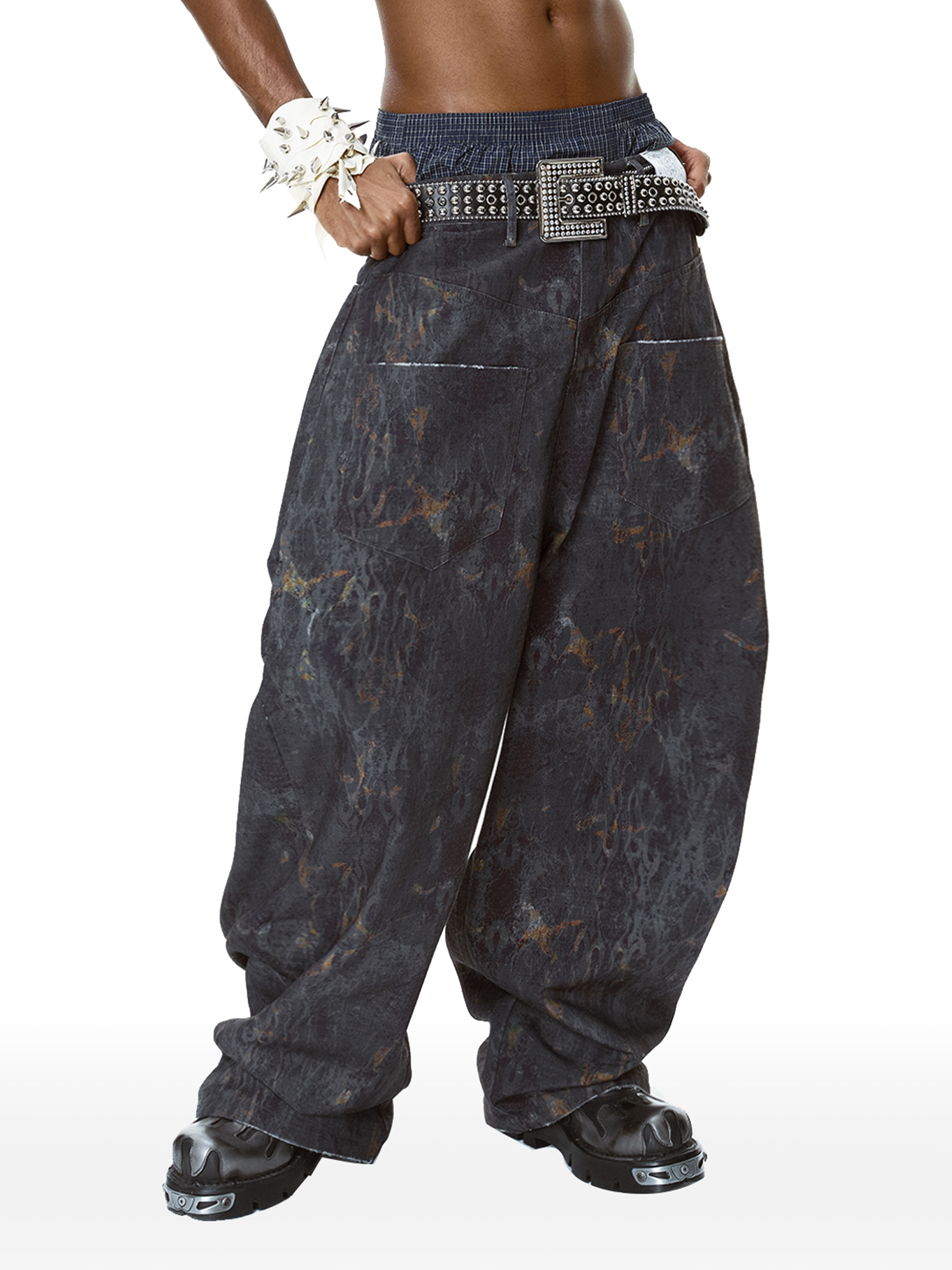 CYCYCY Washed Mottled Flame Graphic Denim Pants-Pants-XXS / 27"-Free Shipping Leatheretro