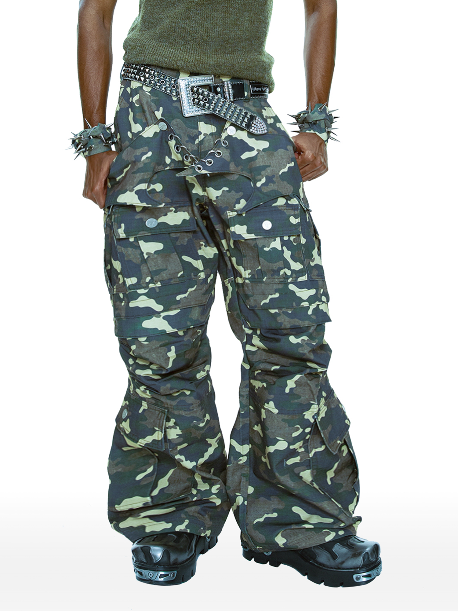 CYCYCY Camo Wide-Leg Cargo Pants-Pants-XXS / 27"-Free Shipping Leatheretro