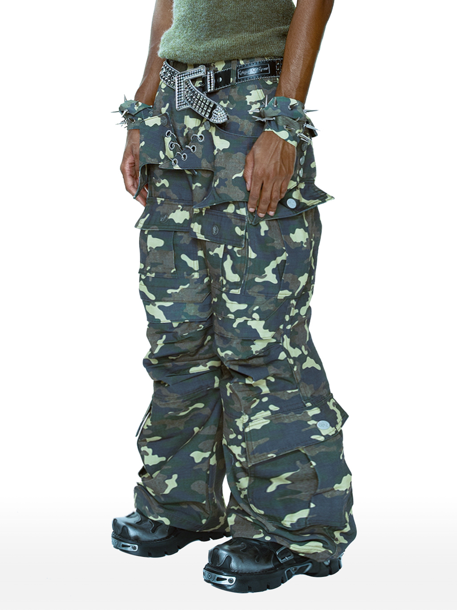 CYCYCY Camo Wide-Leg Cargo Pants-Pants-XXS / 27"-Free Shipping Leatheretro