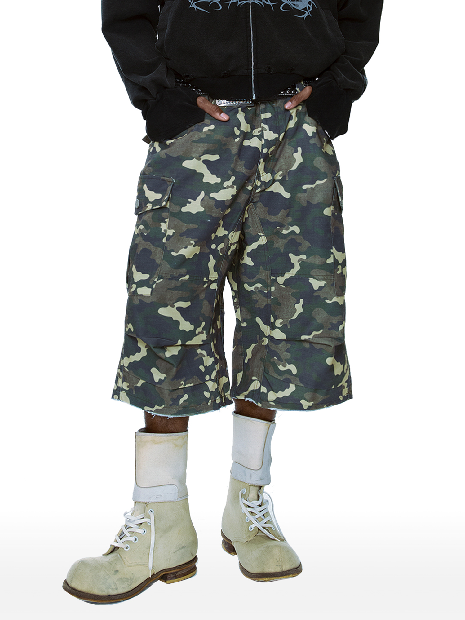 CYCYCY Camo Wide-Leg Cargo Shorts-Shorts-XXS / 28"-Free Shipping Leatheretro
