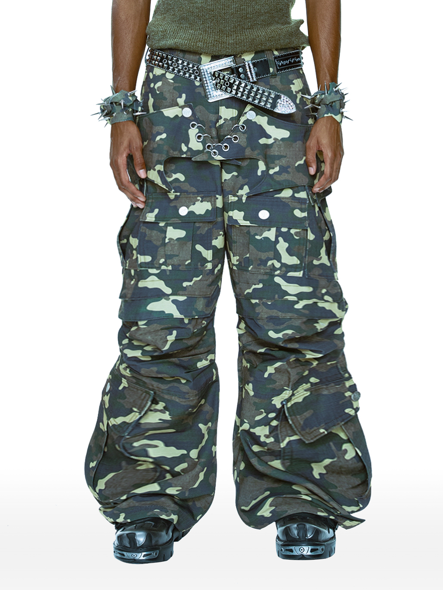 CYCYCY Camo Wide-Leg Cargo Pants-Pants-XXS / 27"-Free Shipping Leatheretro