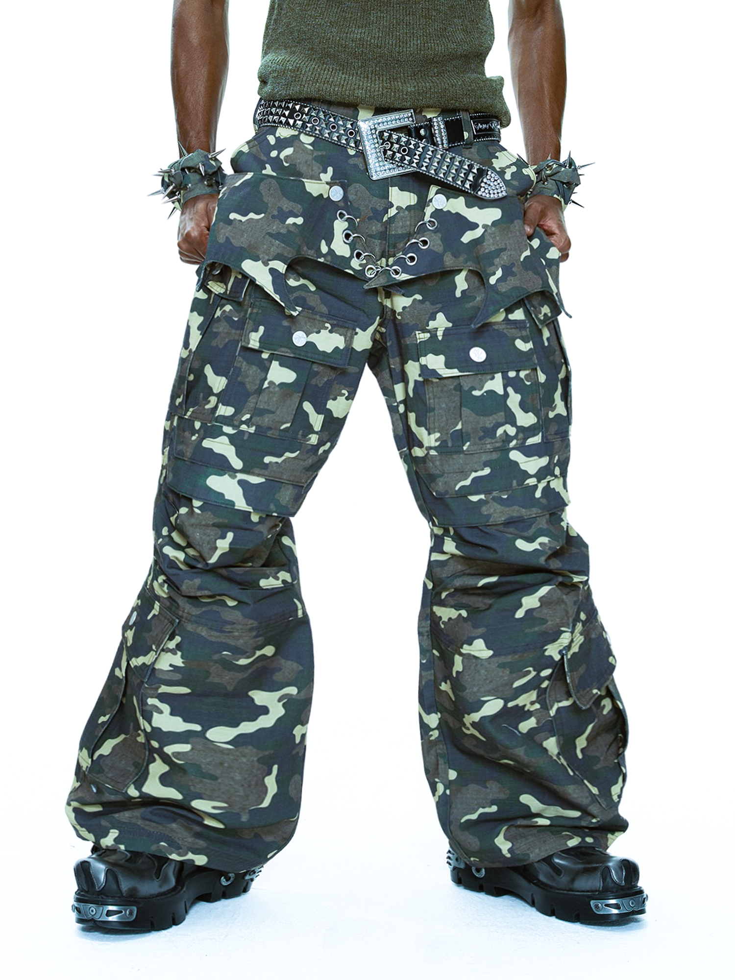 CYCYCY Camo Wide-Leg Cargo Pants-Pants-XXS / 27"-Free Shipping Leatheretro