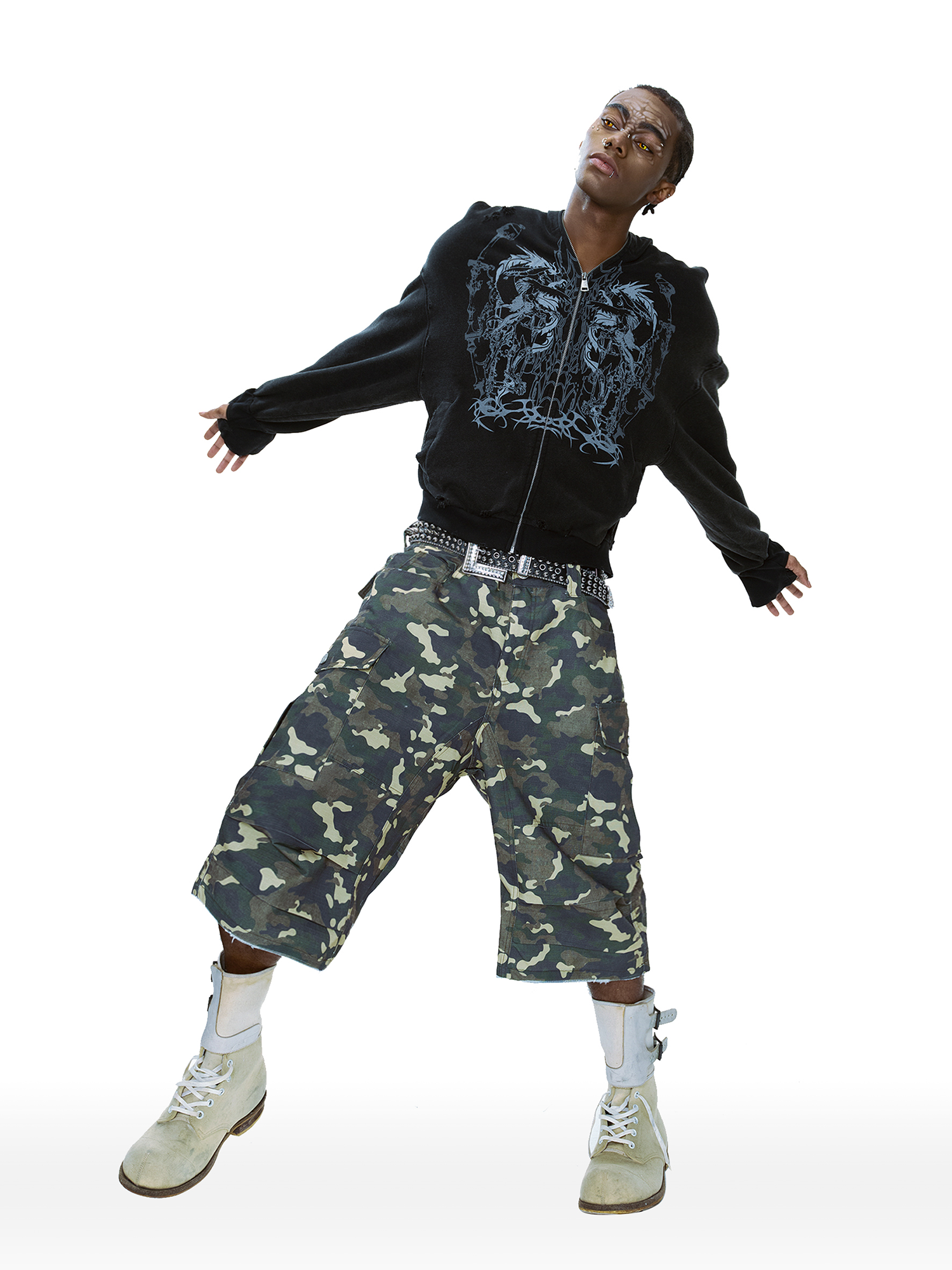 CYCYCY Camo Wide-Leg Cargo Shorts-Shorts-XXS / 28"-Free Shipping Leatheretro