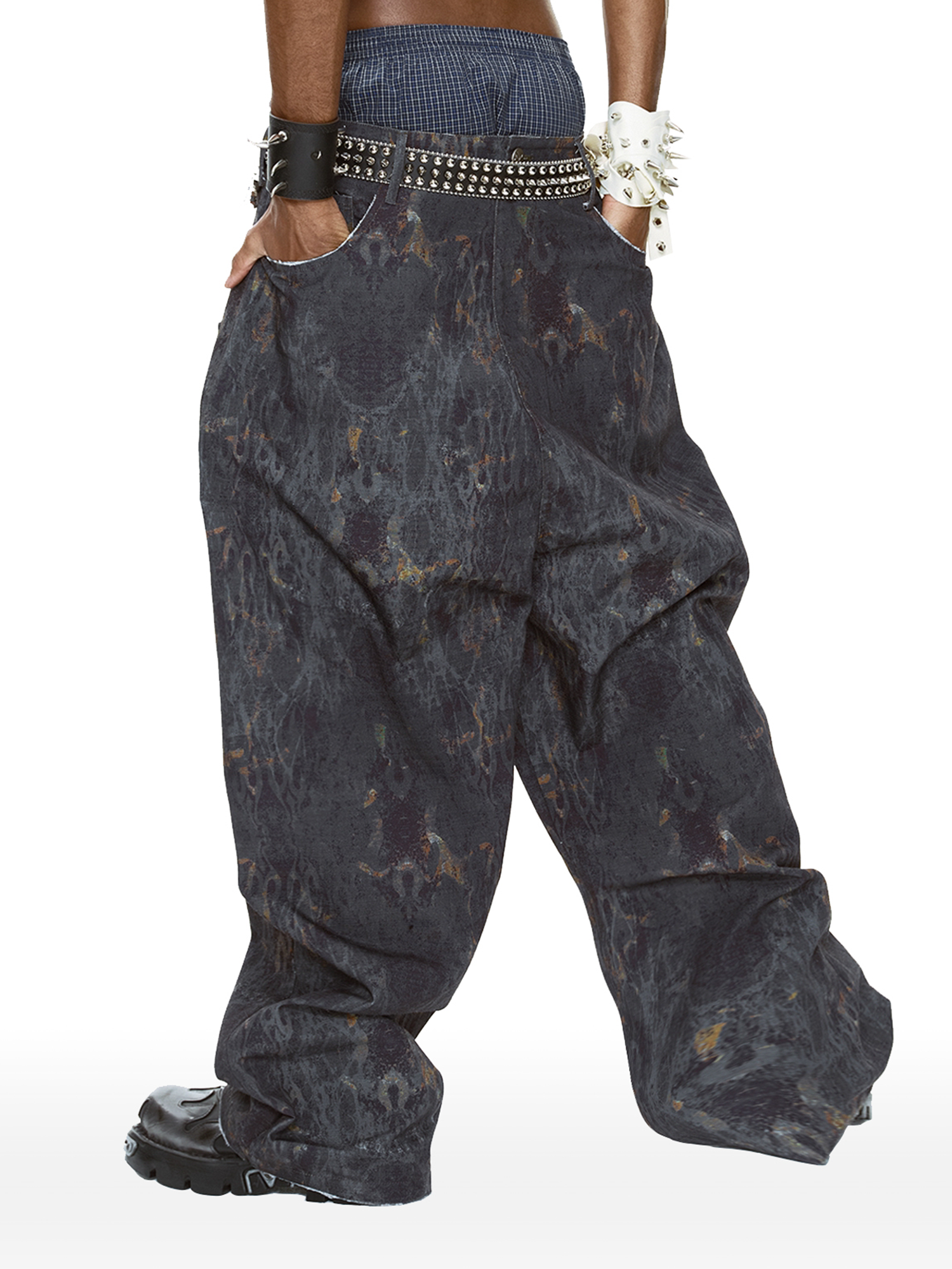 CYCYCY Washed Mottled Flame Graphic Denim Pants-Pants-XXS / 27"-Free Shipping Leatheretro