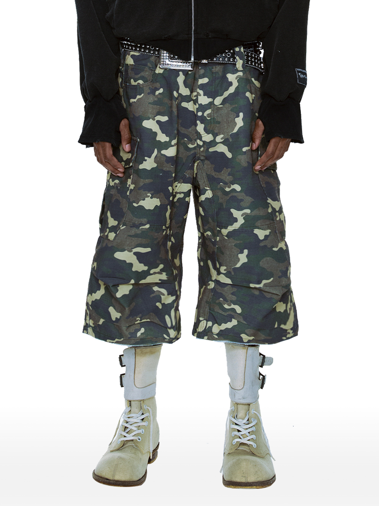 CYCYCY Camo Wide-Leg Cargo Shorts-Shorts-XXS / 28"-Free Shipping Leatheretro