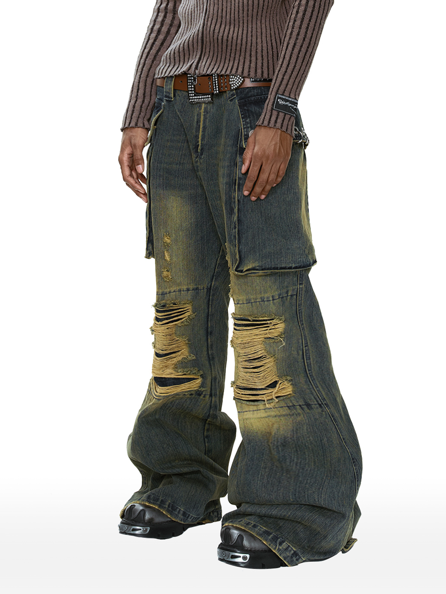 CYCYCY Distressed Big-Pocket Flared Jeans-Jeans-XXS / 27"-Free Shipping Leatheretro