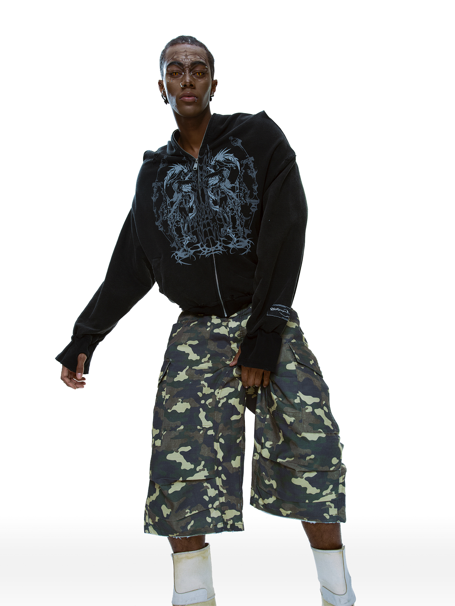 CYCYCY Camo Wide-Leg Cargo Shorts-Shorts-XXS / 28"-Free Shipping Leatheretro