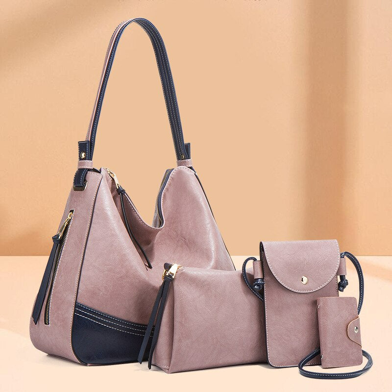 Elegant Tassel Leather Shoulder Handbag 4 Sets Hobo Bag-Handbags-Black-Free Shipping Leatheretro