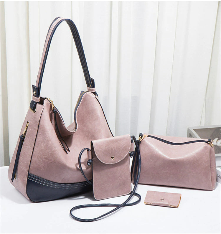 Elegant Tassel Leather Shoulder Handbag 4 Sets Hobo Bag-Handbags-Black-Free Shipping Leatheretro