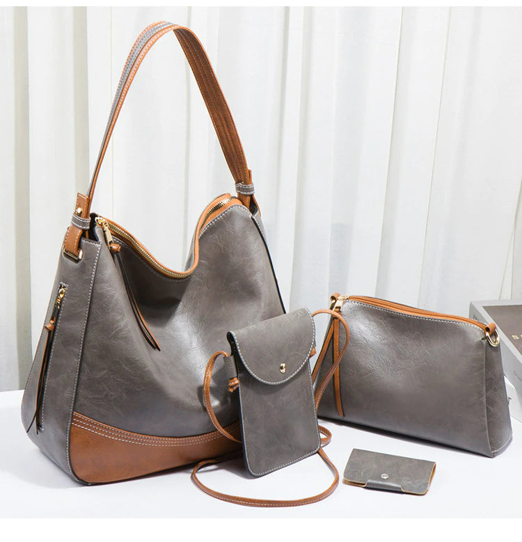 Elegant Tassel Leather Shoulder Handbag 4 Sets Hobo Bag-Handbags-Black-Free Shipping Leatheretro