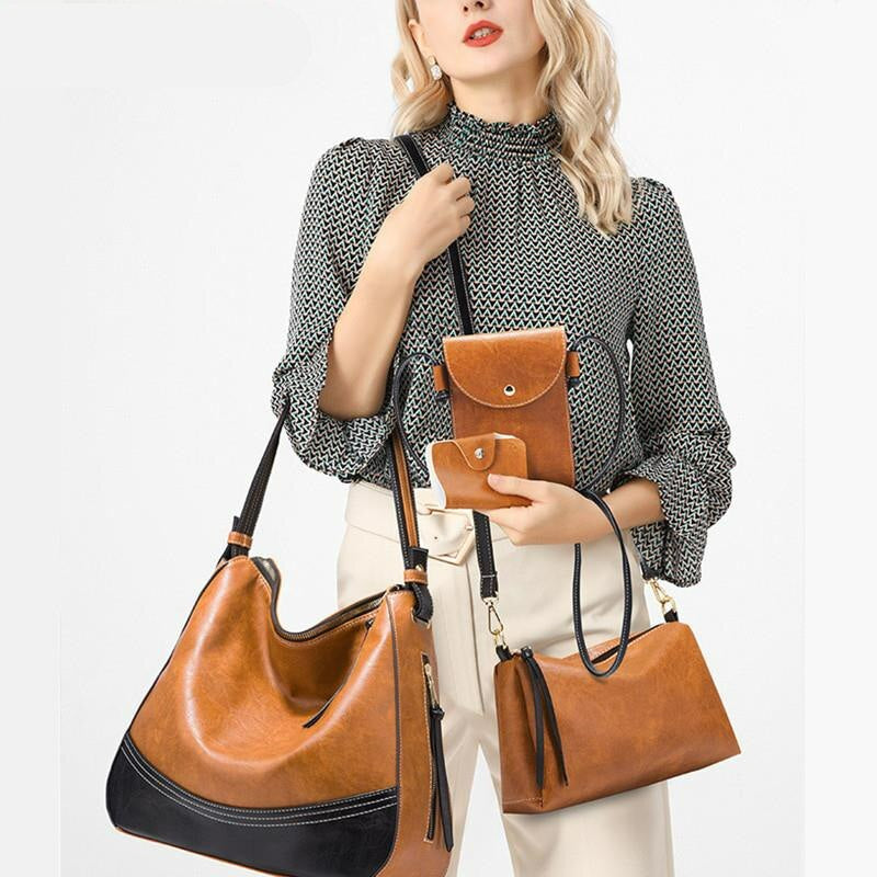 Elegant Tassel Leather Shoulder Handbag 4 Sets Hobo Bag-Handbags-Black-Free Shipping Leatheretro