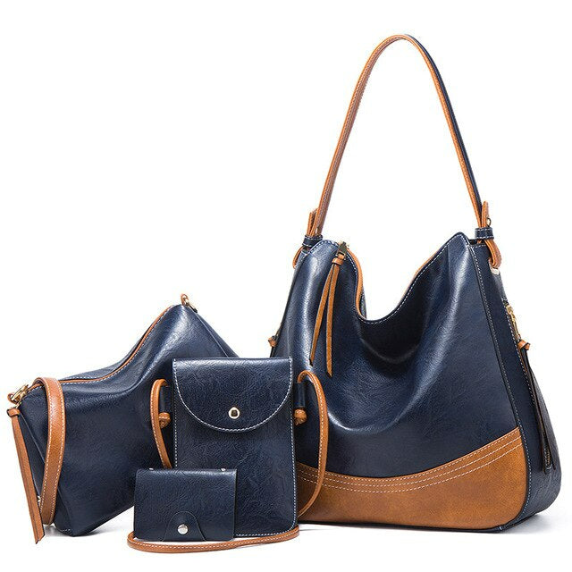 Elegant Tassel Leather Shoulder Handbag 4 Sets Hobo Bag-Handbags-Blue-Free Shipping Leatheretro