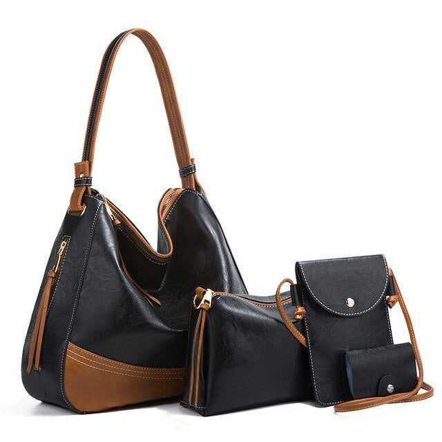 Elegant Tassel Leather Shoulder Handbag 4 Sets Hobo Bag-Handbags-Black-Free Shipping Leatheretro