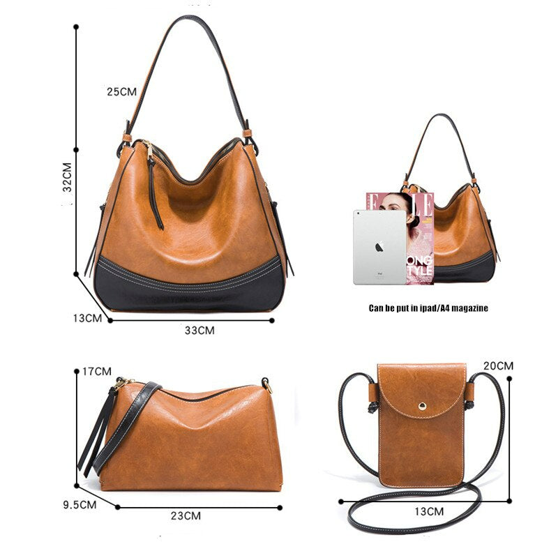 Elegant Tassel Leather Shoulder Handbag 4 Sets Hobo Bag-Handbags-Black-Free Shipping Leatheretro
