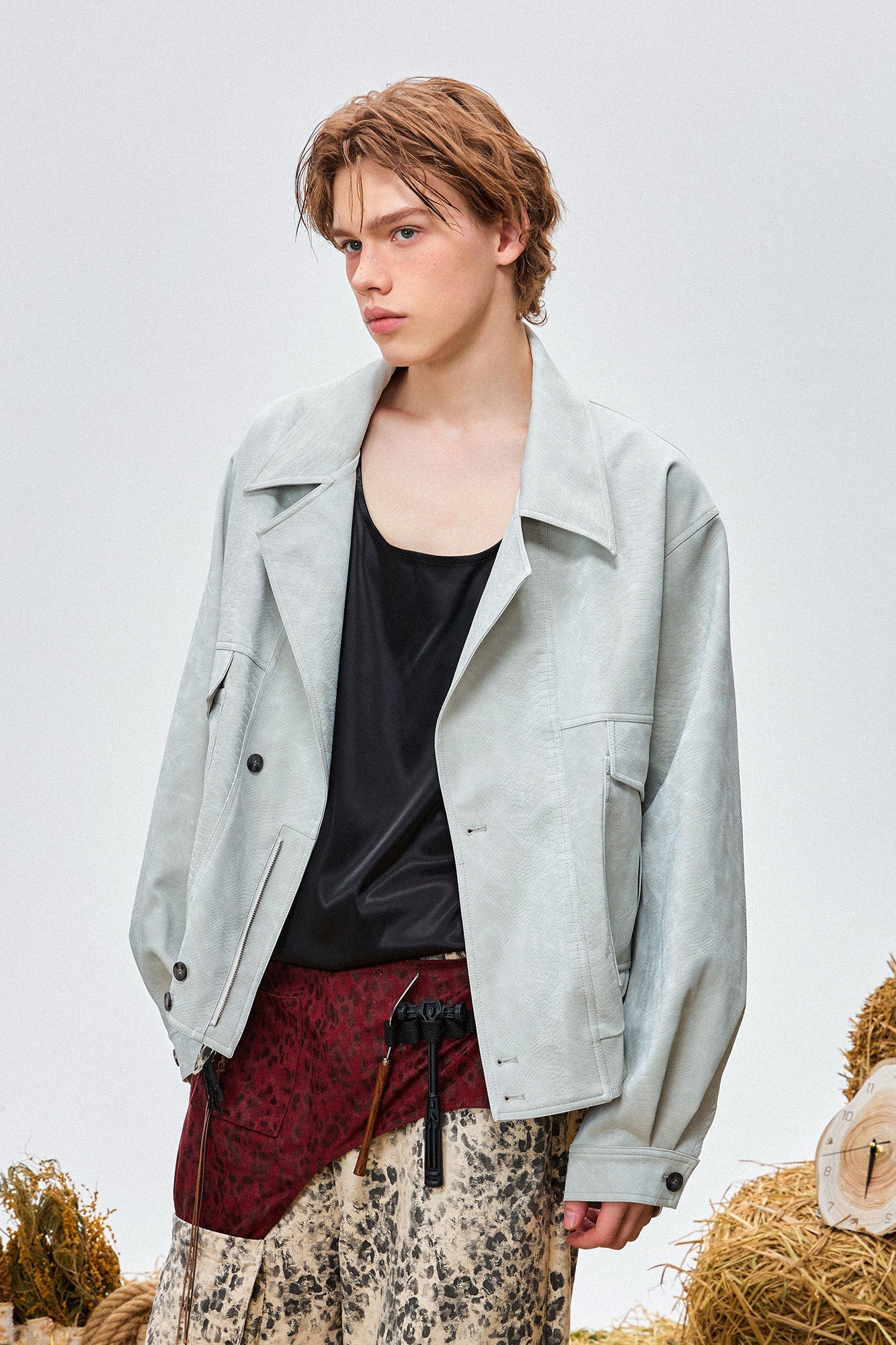OIPWORD Croc-Embossed Cropped Faux Leather Jacket Blue-Jacket-M-Free Shipping Leatheretro