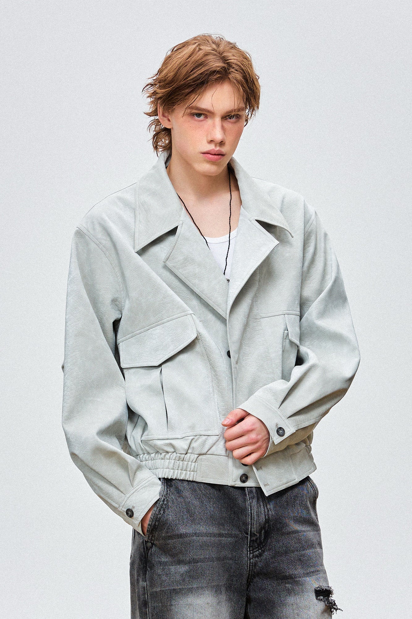 OIPWORD Croc-Embossed Cropped Faux Leather Jacket Blue-Jacket-M-Free Shipping Leatheretro