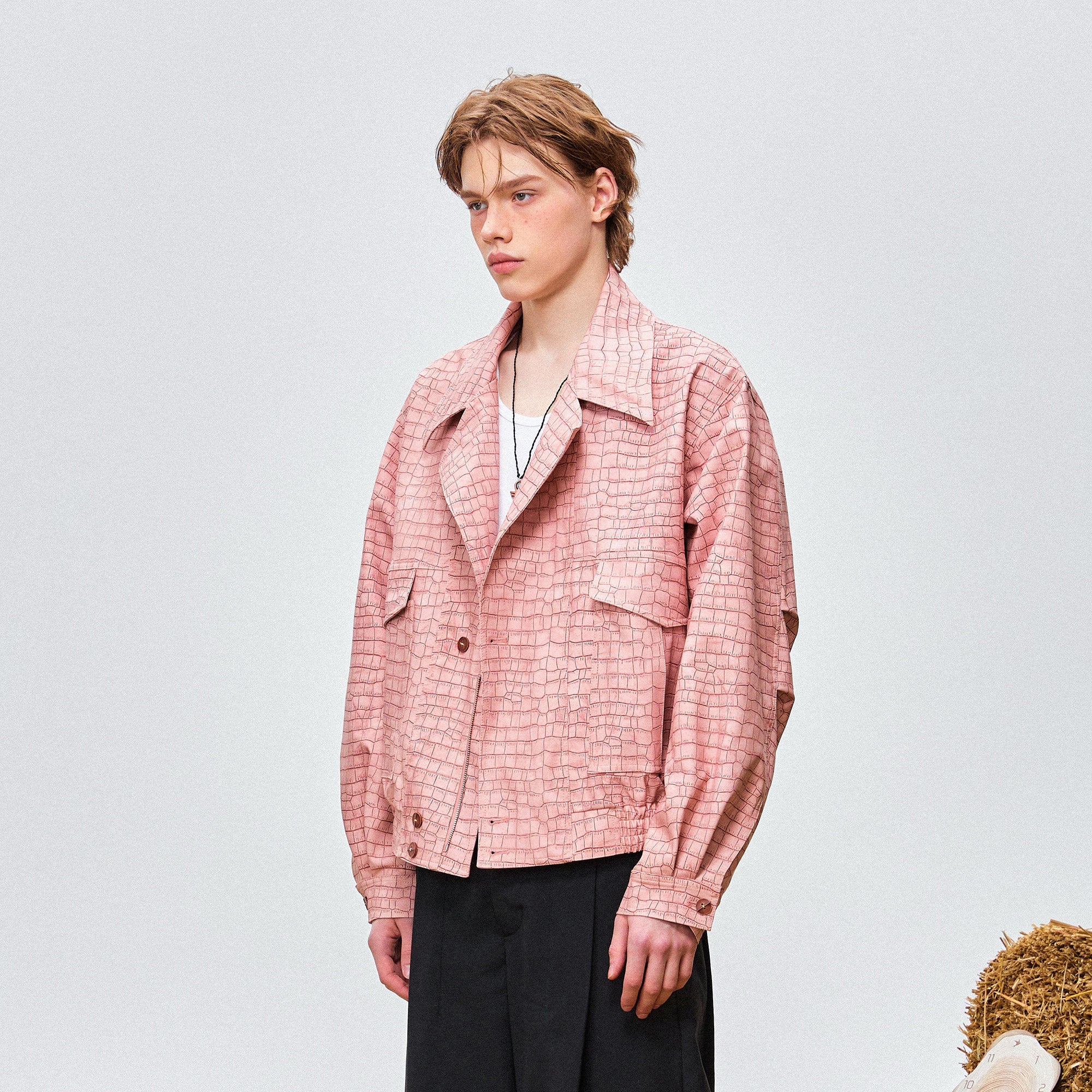 OIPWORD Croc-Embossed Cropped Faux Leather Jacket-Jacket-M-Free Shipping Leatheretro