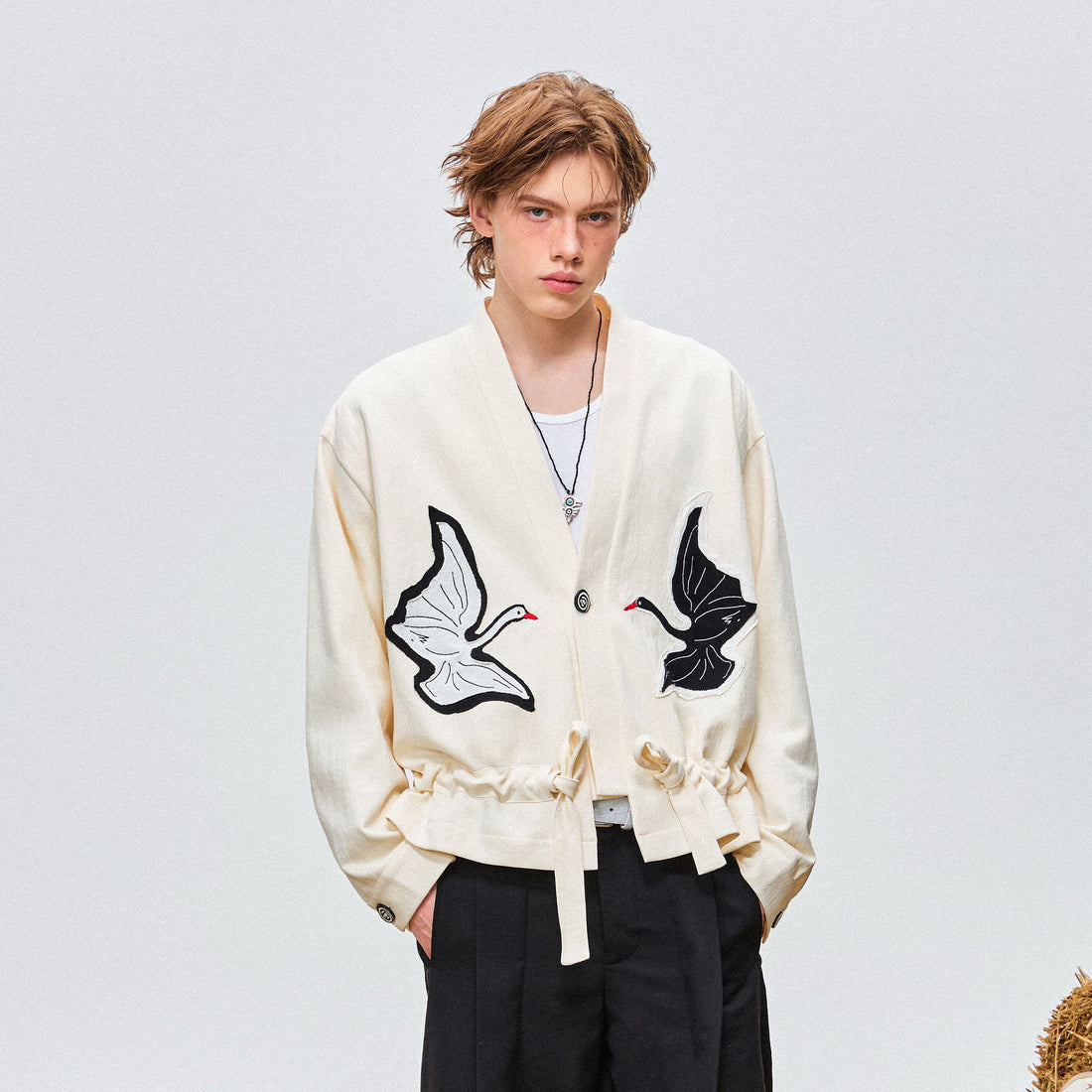 OIPWORD Swan Appliqu¨¦ Drawstring Jacket-Jacket-S-Free Shipping Leatheretro