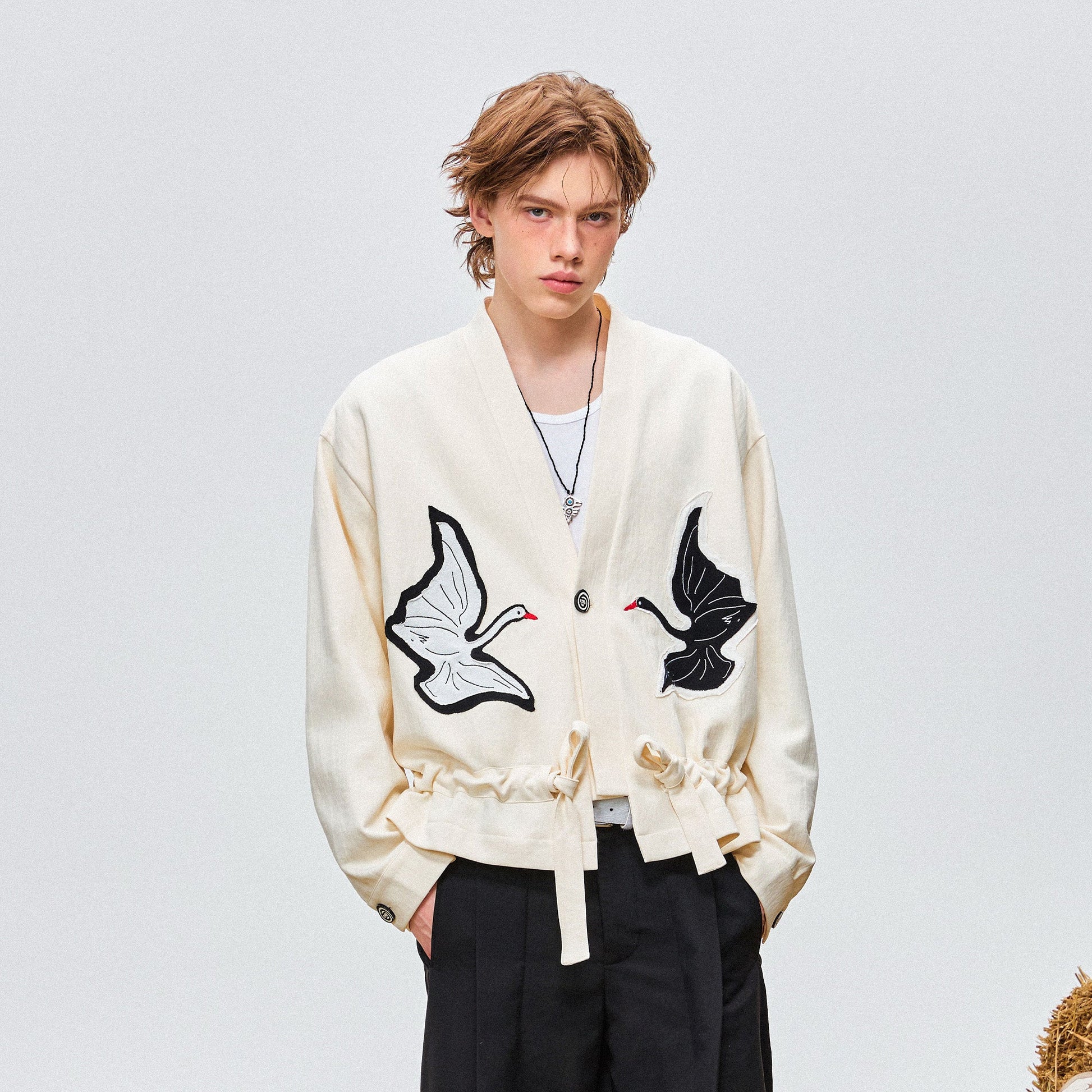 OIPWORD Swan Appliqu¨¦ Drawstring Jacket-Jacket-S-Free Shipping Leatheretro