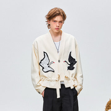 OIPWORD Swan Appliqu¨¦ Drawstring Jacket-Jacket-S-Free Shipping Leatheretro