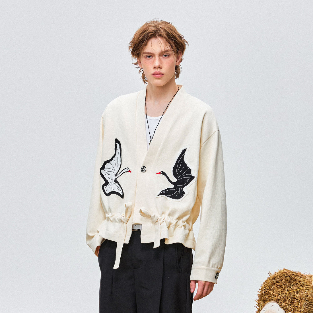 OIPWORD Swan Appliqu¨¦ Drawstring Jacket-Jacket-S-Free Shipping Leatheretro
