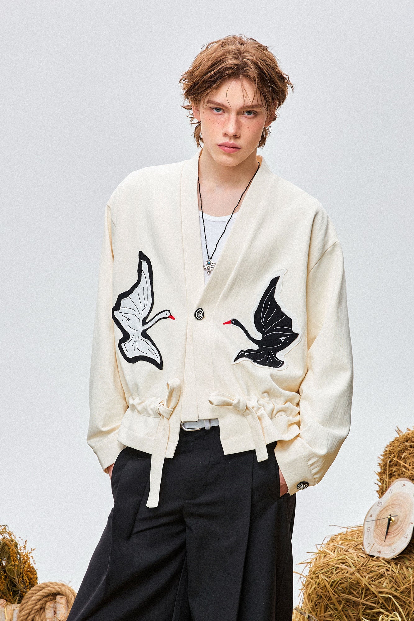 OIPWORD Swan Appliqu¨¦ Drawstring Jacket-Jacket-S-Free Shipping Leatheretro