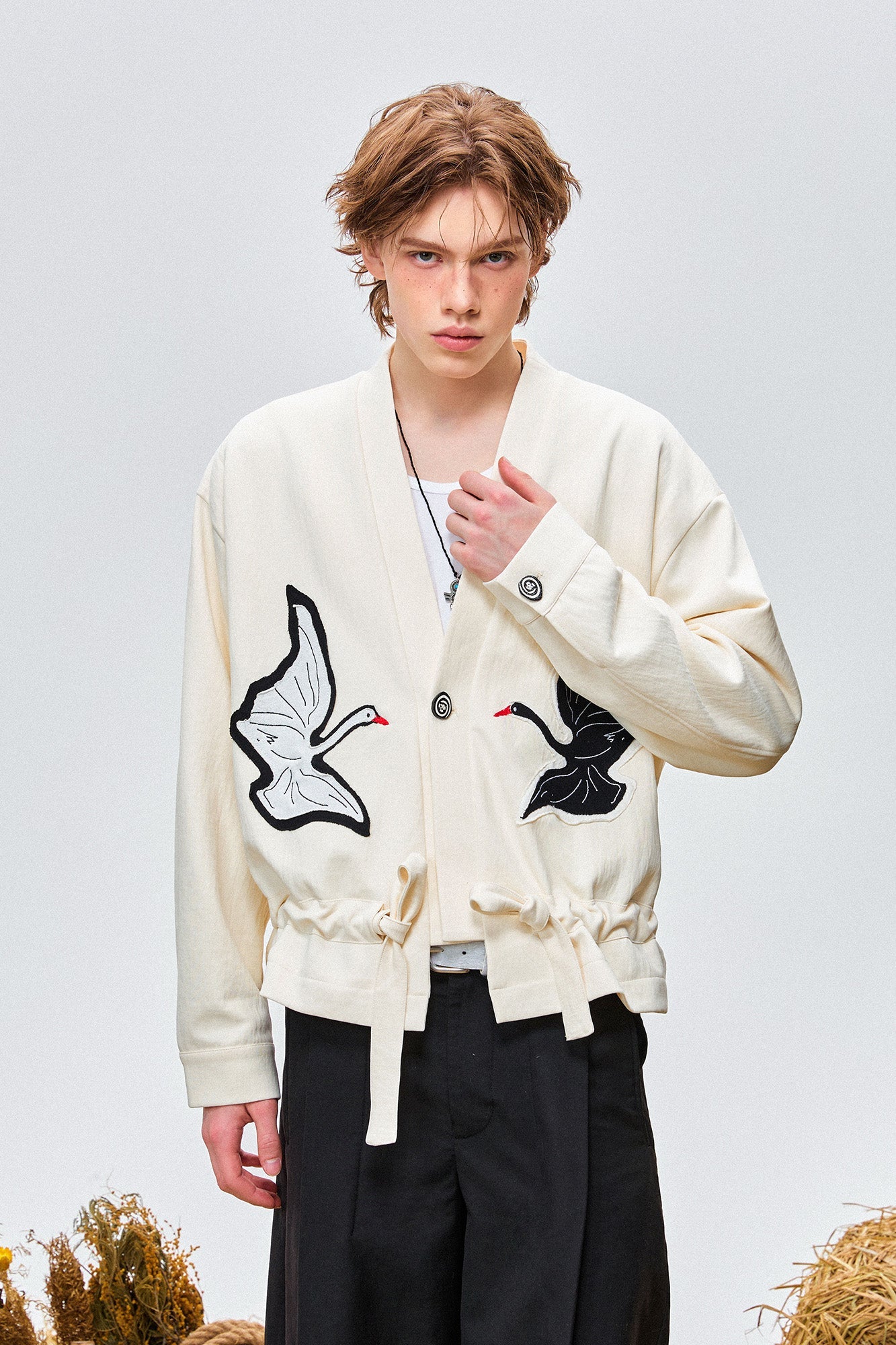 OIPWORD Swan Appliqu¨¦ Drawstring Jacket-Jacket-S-Free Shipping Leatheretro