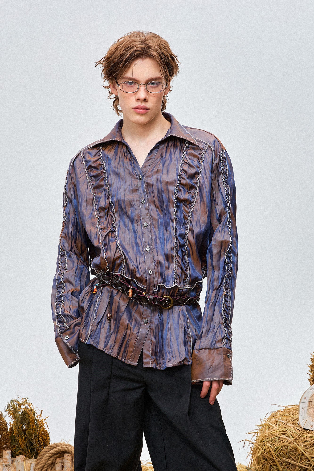 OIPWORD Retro Crinkled Pleated Shirt-Shirt-M-Free Shipping Leatheretro