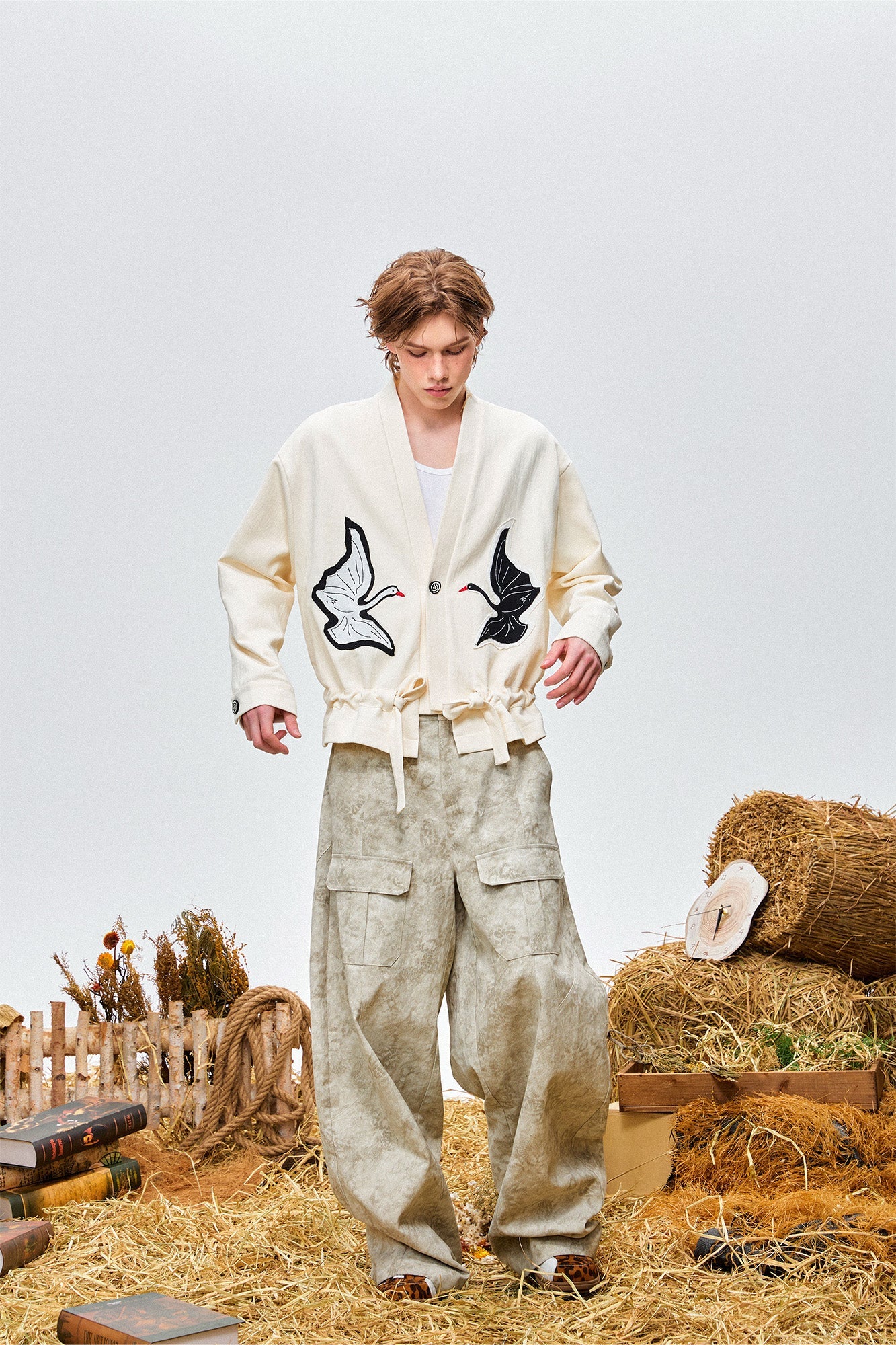 OIPWORD Swan Appliqu¨¦ Drawstring Jacket-Jacket-S-Free Shipping Leatheretro