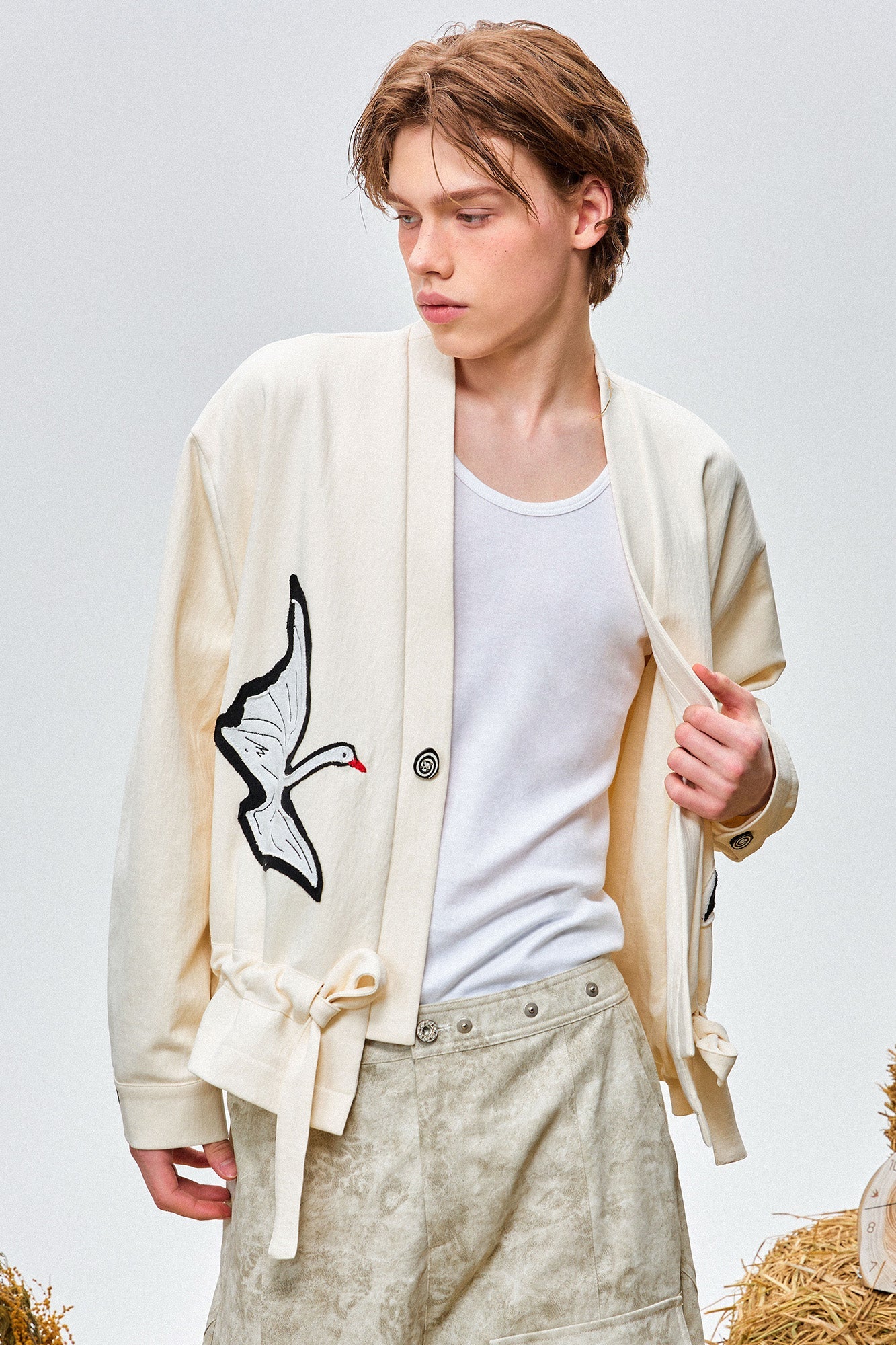 OIPWORD Swan Appliqu¨¦ Drawstring Jacket-Jacket-S-Free Shipping Leatheretro