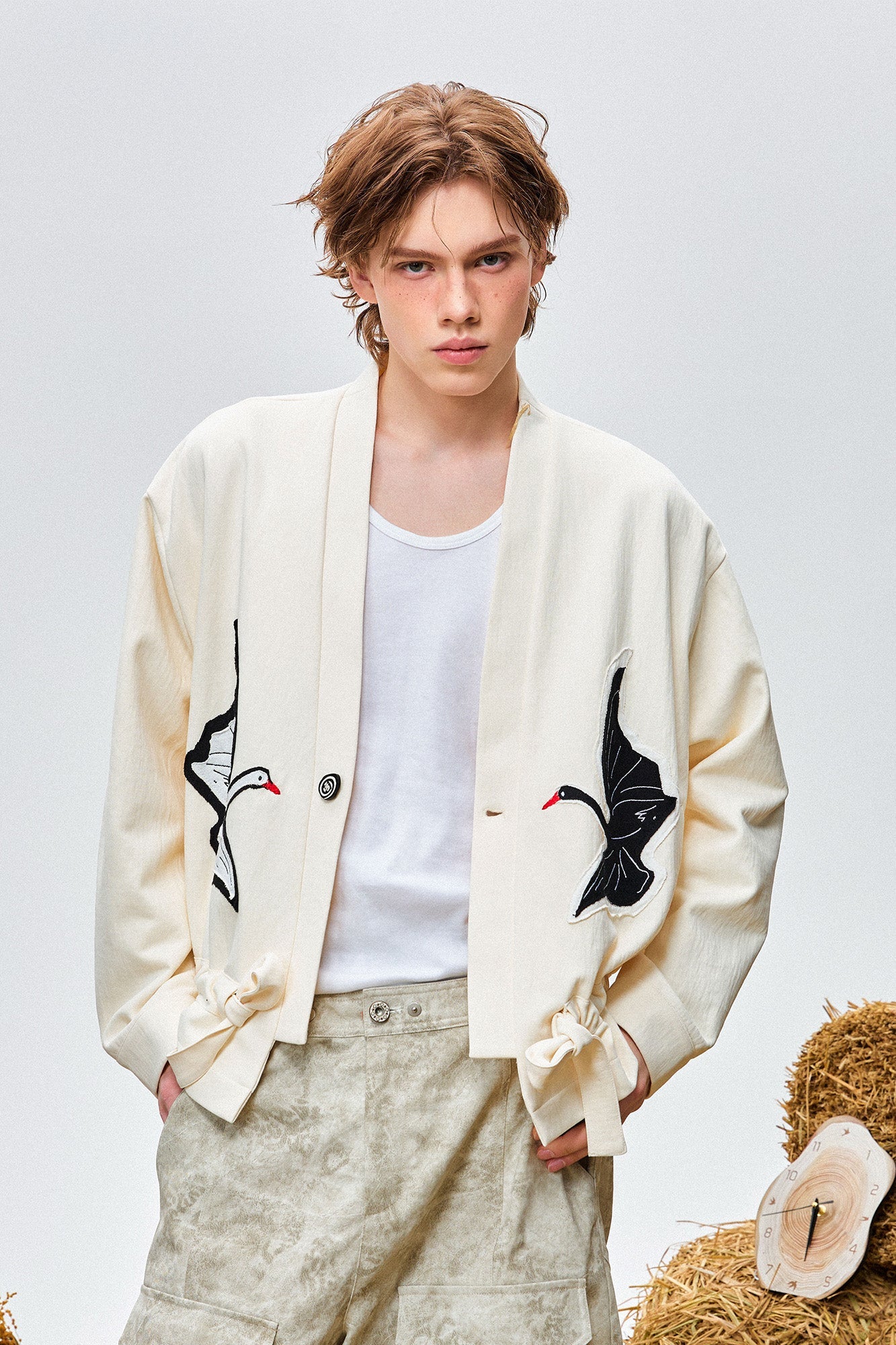 OIPWORD Swan Appliqu¨¦ Drawstring Jacket-Jacket-S-Free Shipping Leatheretro