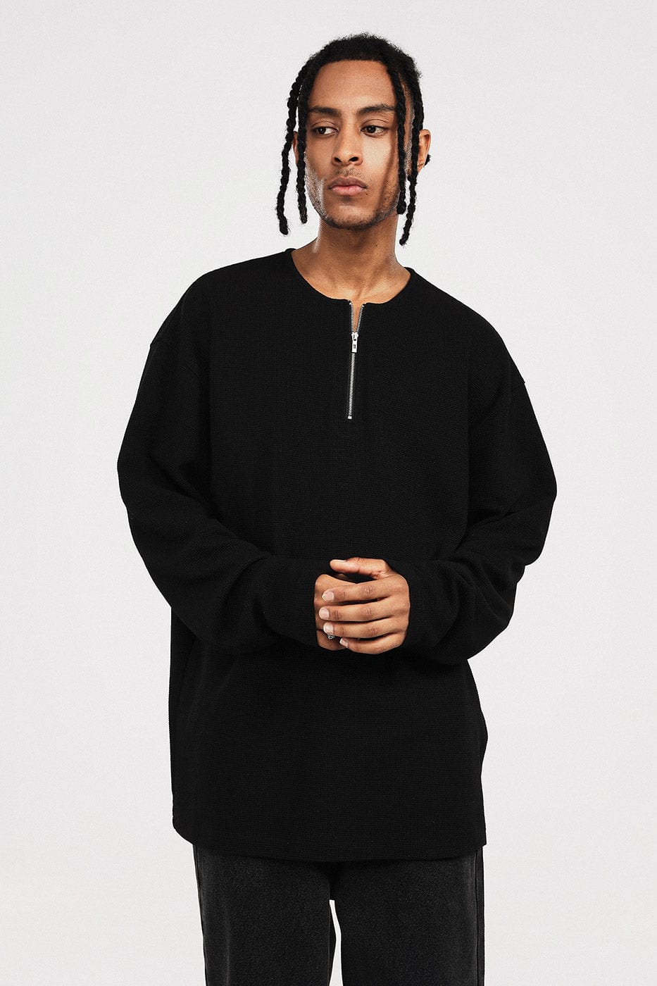 BONELESS Collarless Half-Zip Waffle L/S Tee-L/S Tee-S-Grey-Free Shipping Leatheretro