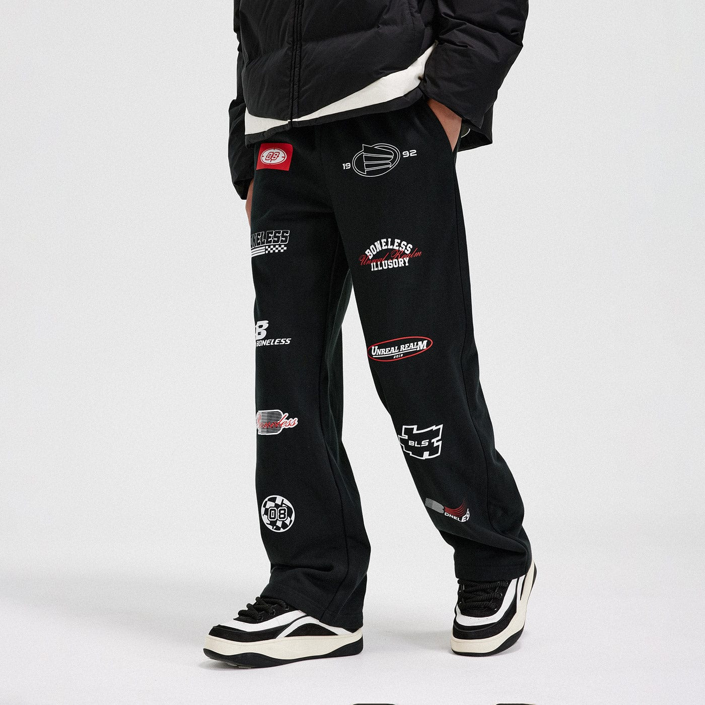 BONELESS Racing Logo Sweatpants-Pants-S-Grey-Free Shipping Leatheretro