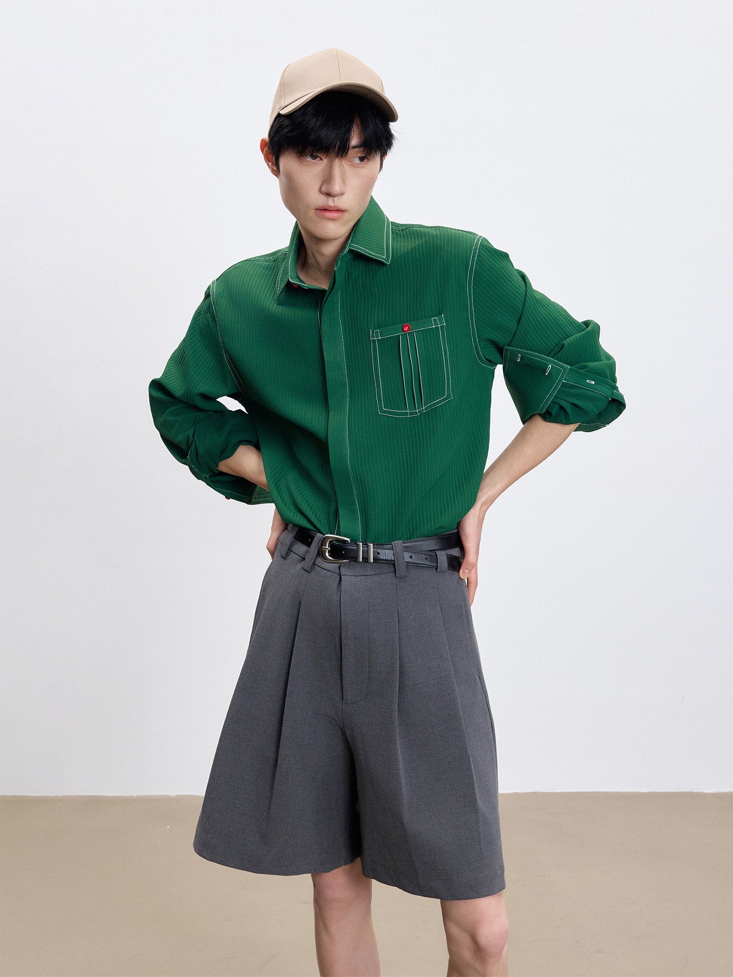 TUIMU Essential Contrast-Stitch Shirt-Shirt-S (Preorder)-Long-Free Shipping Leatheretro