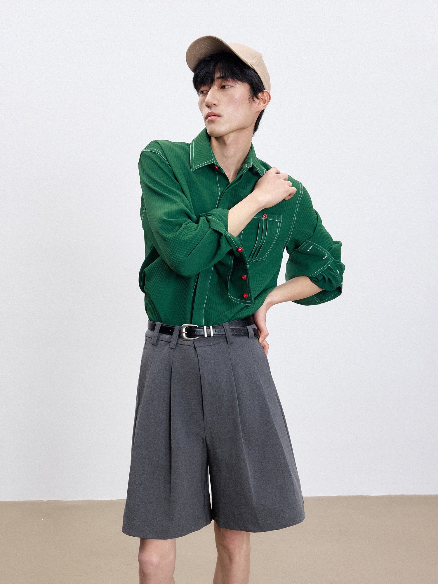 TUIMU Essential Contrast-Stitch Shirt-Shirt-S (Preorder)-Long-Free Shipping Leatheretro