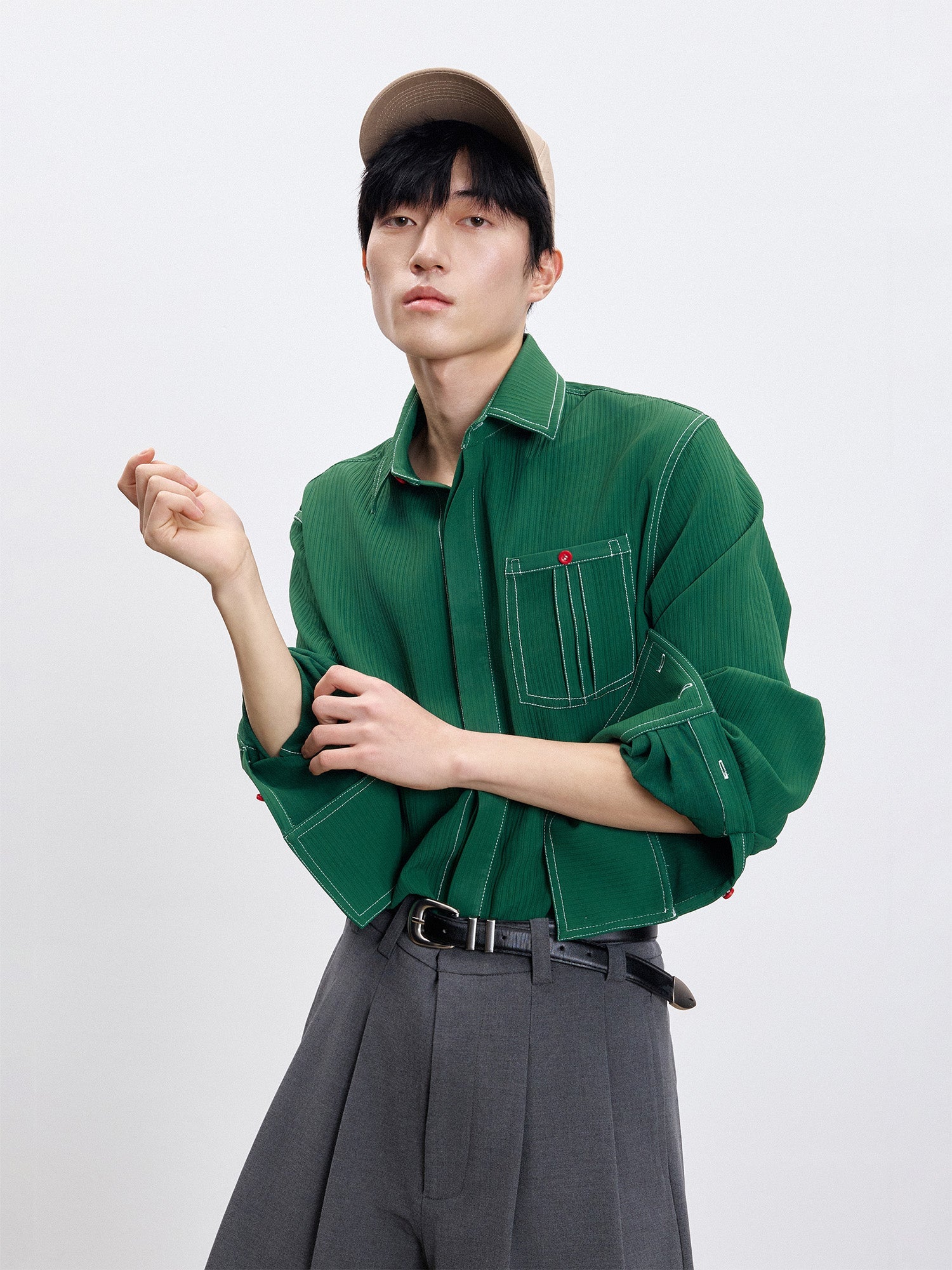 TUIMU Essential Contrast-Stitch Shirt-Shirt-S (Preorder)-Long-Free Shipping Leatheretro