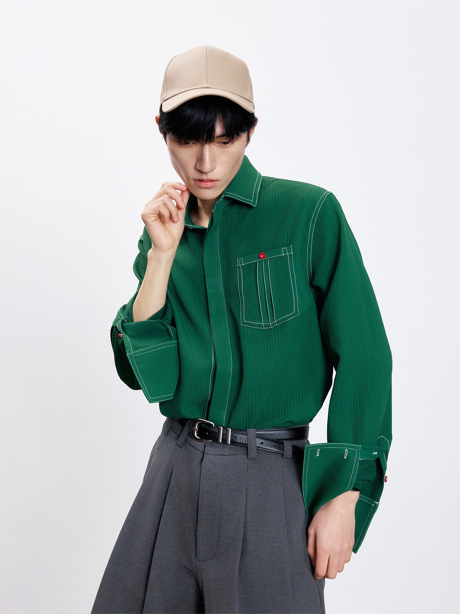 TUIMU Essential Contrast-Stitch Shirt-Shirt-S (Preorder)-Long-Free Shipping Leatheretro